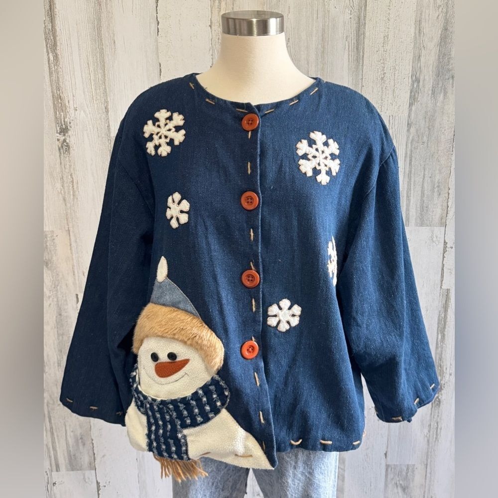 Vintage Snowman Cardigan denim One Size Fits Most Fun Holiday Sweater - Picture 1 of 9